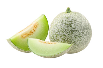 Freshly sliced green melon pieces and a whole melon displayed on a clean white background. their color and texture. ideal for food photography or culinary use
