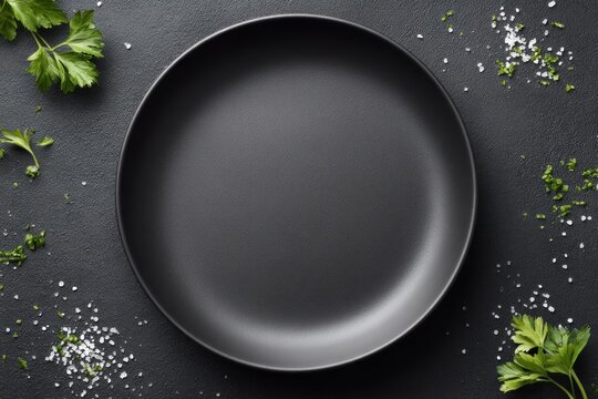 Top-down sleek matte black ceramic plate deep background