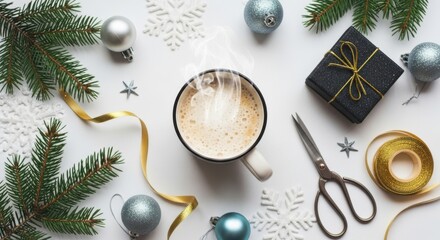 Cozy christmas morning coffee with festive decorations