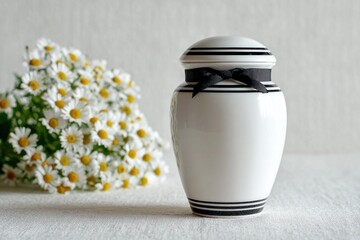 White porcelain cremation urn with daisies and ribbon