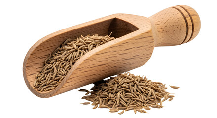 Dry cumin seeds in wooden scoop for seasoning and cooking ingredient isolated PNG with Transparent Background