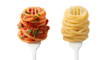 Spaghetti noodles twirled on forks showcasing plain and sauce-covered Italian food isolated PNG with Transparent Background