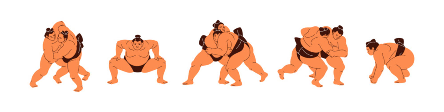 Set of sumo wrestlers. Fighters of Japanese martial art are wrestling. Athletes of combat sport are fight. Sportsmen push, attack and defense. Flat isolated vector illustrations on white background.