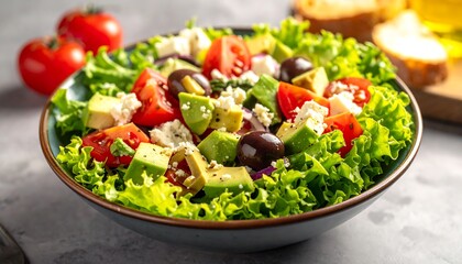 Fresh salad bowl with vegetables and ingredients