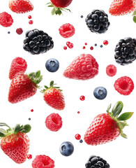 A arrangement of fresh berries including strawberries. raspberries. blackberries. and blueberries. scattered against a clean white background. ideal for food photography and healthy lifestyle imagery