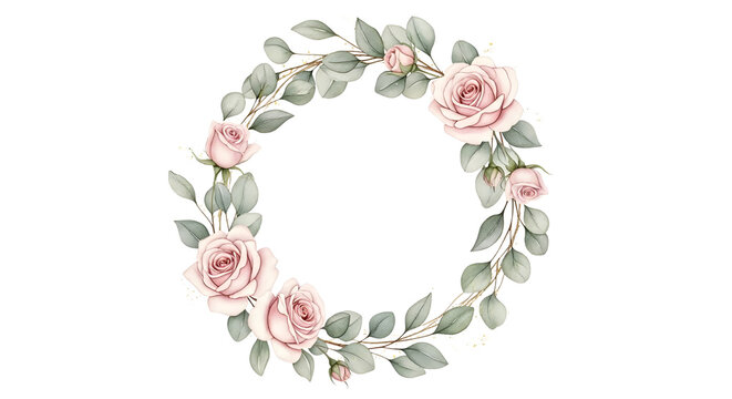Watercolor floral wreath frame with pink roses and dusty green eucalyptus leaves decoration isolated PNG with Transparent Background - Powered by Adobe