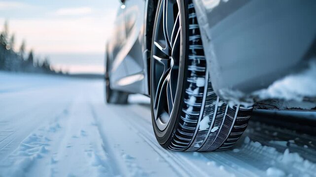 High performance winter tires on snow road. Close up capture
