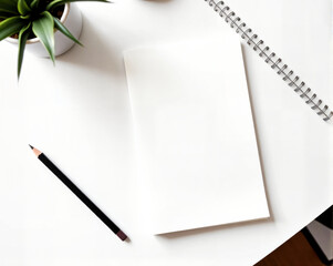 Blank sketchbook and pencil on clean white table with succulent plant adding calm creative mood