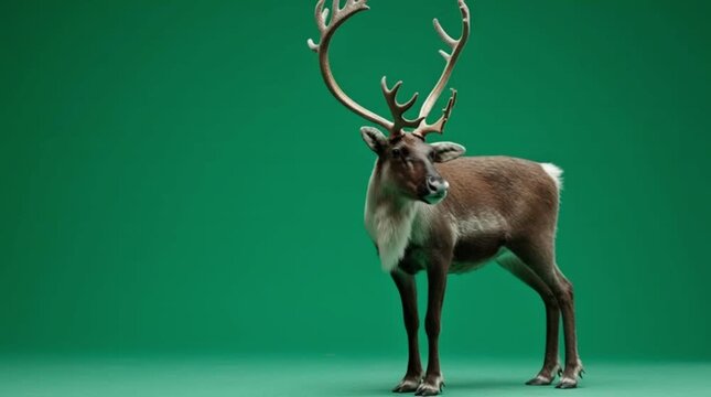 Majestic reindeer with impressive antlers standing proudly against a green screen background, ready for digital compositing and creative projects