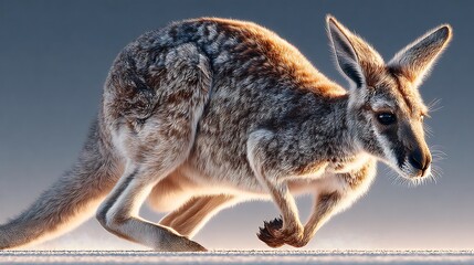 Fototapeta premium Agile kangaroo in full stride, captured with dynamic motion and a sense of urgency as it moves across the dusty ground in natural light.