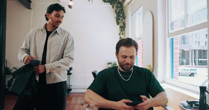 Man, barber and done in hair salon with grooming for haircut, client and startup. Hairstylist, tools and customer appointment in barbershop for clean trim with small business owner or beautician