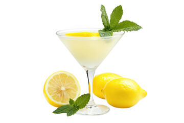 A refreshing cocktail garnished with mint leaves and lemon slices. served in a stylish glass. with fresh lemons placed nearby. ideal for summer gatherings and cocktail recipes