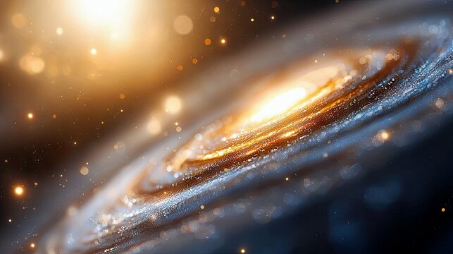 A vibrant spiral galaxy with a bright, glowing core and swirling arms, set against a dark cosmic background filled with sparkling stars and soft bokeh lights. T