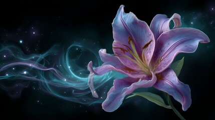 Lily blooms amid swirling ethereal light on a dark backdrop