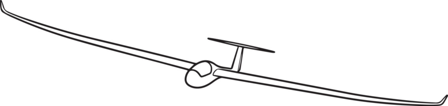 Minimalist line drawing of a glider airplane isolated on white background.