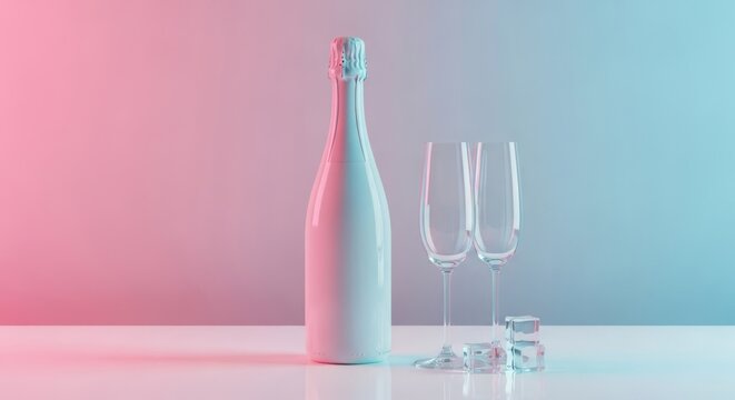 Champagne bottle and glasses with ice cubes illuminated by neon lights