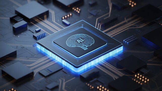 Artificial intelligence microchip with glowing circuitry, futuristic technology, AI innovation and advanced computer processor concept background