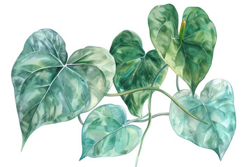 Lush green heart-shaped leaves of a tropical plant gracefully intertwined. their hues and intricate patterns against a clean white background. ideal for nature-themed designs