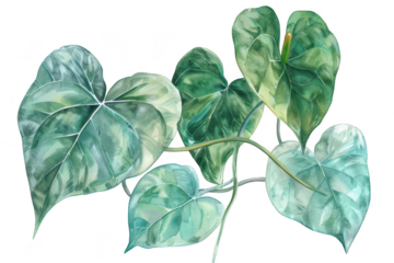 Lush green heart-shaped leaves of a tropical plant gracefully intertwined. their hues and intricate patterns against a clean white background. ideal for nature-themed designs