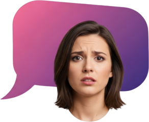 Young woman's face shows expression of surprise and confusion with large speech bubble graphic in gradient pink and purple colors communication emotion