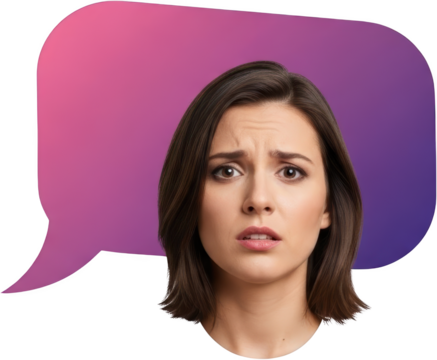 Young woman's face shows expression of surprise and confusion with large speech bubble graphic in gradient pink and purple colors communication emotion