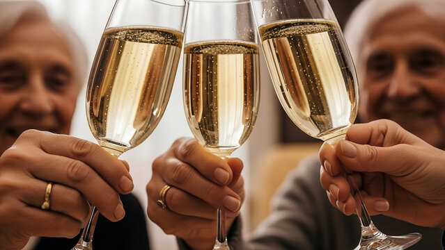 Elderly friends toasting with champagne glasses in celebration of birthday - Powered by Adobe