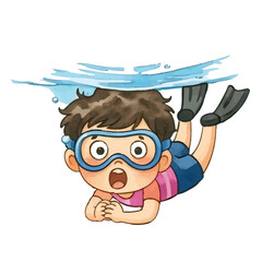 Cute Kid Swimming Underwater with Snorkel and Flippers © bluu