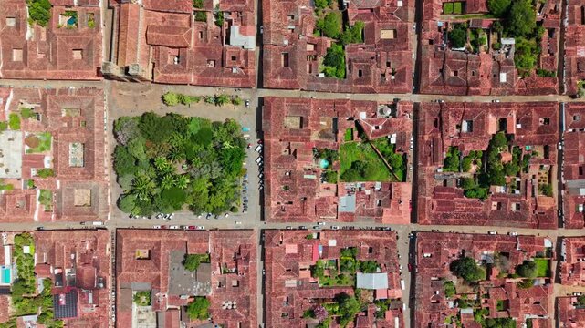 Top down aerial view flying over the historic colonial town of barichara in santander, colombia