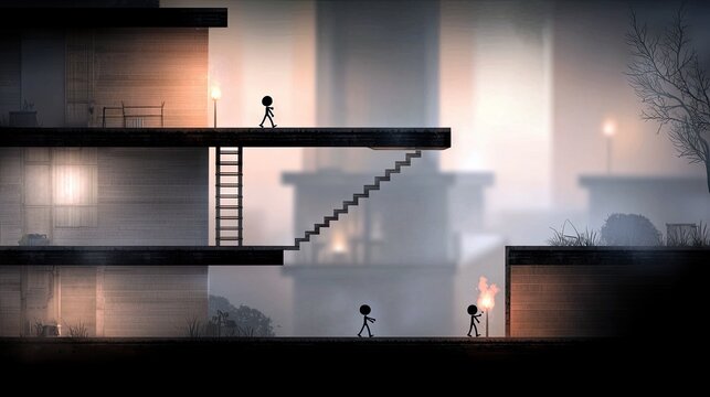 Three stick figures navigate a surreal, multi-level urban environment at dusk. One figure walks on an upper platform, while two figures walk on the ground level