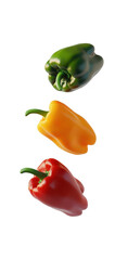 A composition of three bell peppers in green. yellow. and red. suspended against a soft. neutral background. highlighting their freshness and appeal for culinary use