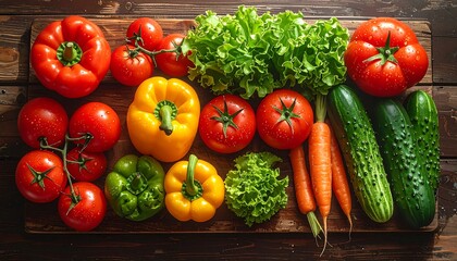 Fresh vegetables arrangement on wooden board