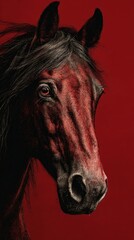 A striking digital artwork of a red horse captured in a close-up, frontal portrait. Intensity, and motion, perfect for use in stylized branding, New Year celebration visuals, fantasy-themed designs.