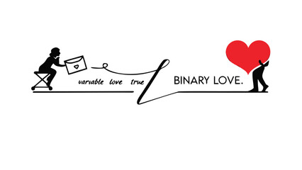 A woman sends a letter with a heart symbol to a man holding a large red heart symbolizing binary love