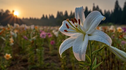 Lily in field, sun rising behind trees. Dewdrops on petals, soft focus