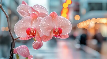 Close-up of delicate pink orchid flowers adorned with tiny water droplets, set against a softly blurred background of warm bokeh lights.