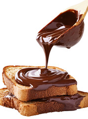 A close-up of freshly toasted bread topped with rich. glossy chocolate spread. with a wooden spatula drizzling more chocolate on top. set against a clean kitchen background