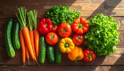 Fresh vegetables assortment on wooden surface