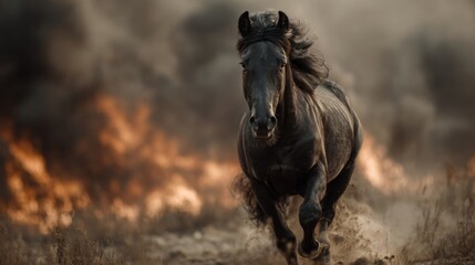 A powerful black horse gallops toward the camera through a field as flames and smoke rise in the background. The dramatic lighting highlights the horse's muscular form and flowing mane