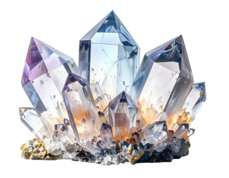 Crystal quartz transparent sharp facets isolated white background