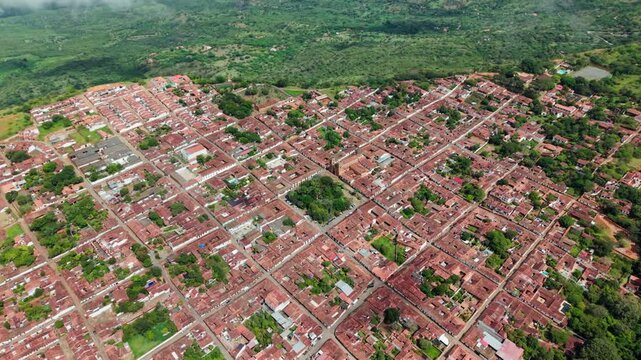 Overhead shot of the historic town of barichara in colombia, famous for its colonial architecture