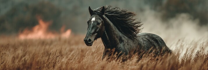 Silhouette of Horse Running Through Smoke and Fire at Sunset. Dark horse silhouetted against a fiery, smoky background as it runs through a burning field during golden hour.