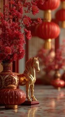 Chinese New Year decoration with a golden horse statue and red lanterns. Vertical festive still life for the Year of the Horse celebration