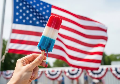 Hand holding a red, white, and blue popsicle in front of a waving american flag, celebrating patriotism and summer