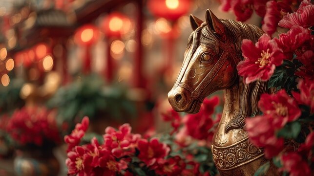 A decorative golden horse sculpture set among vibrant red flowers and traditional Chinese lanterns. The warm, soft bokeh in the background creates a festive and elegant atmosphere, Chinese New Year.