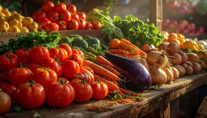Fresh vegetables displayed on wooden table