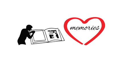 Silhouette of a person looking through a photo album with a red heart containing the word memories nearby