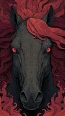Stylized illustration of a dark horse with a fiery red mane and glowing eyes. Mythical demonic steed in a gothic fantasy style