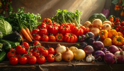Fresh vegetables assortment on wooden table