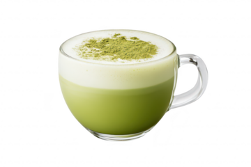 A close-up view of a clear glass cup filled with a creamy. frothy matcha latte. its green color and delicate foam. set against a minimalistic white background. perfect for beverage photography