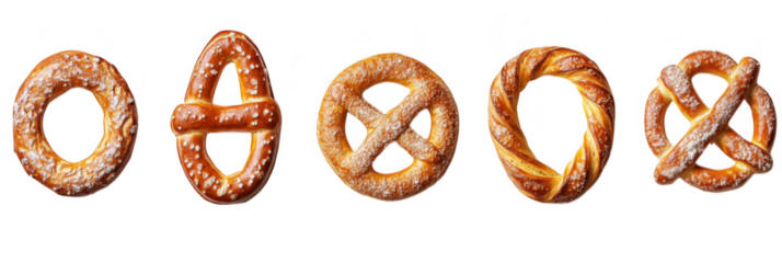 A variety of freshly baked pretzels arranged in a line. different shapes and textures. with a clean white background emphasizing their golden-brown color and sprinkle of salt